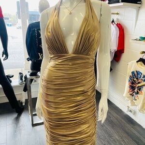 Jovani Elegant Gold Halter Dress